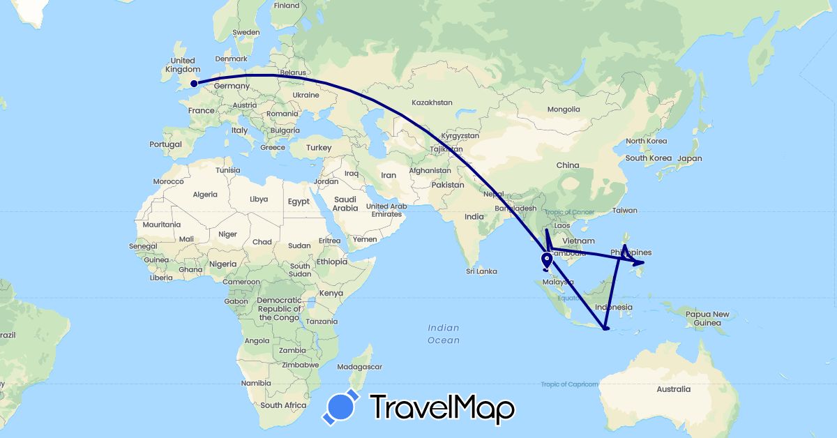 TravelMap itinerary: driving in United Kingdom, Indonesia, Malaysia, Philippines, Thailand (Asia, Europe)